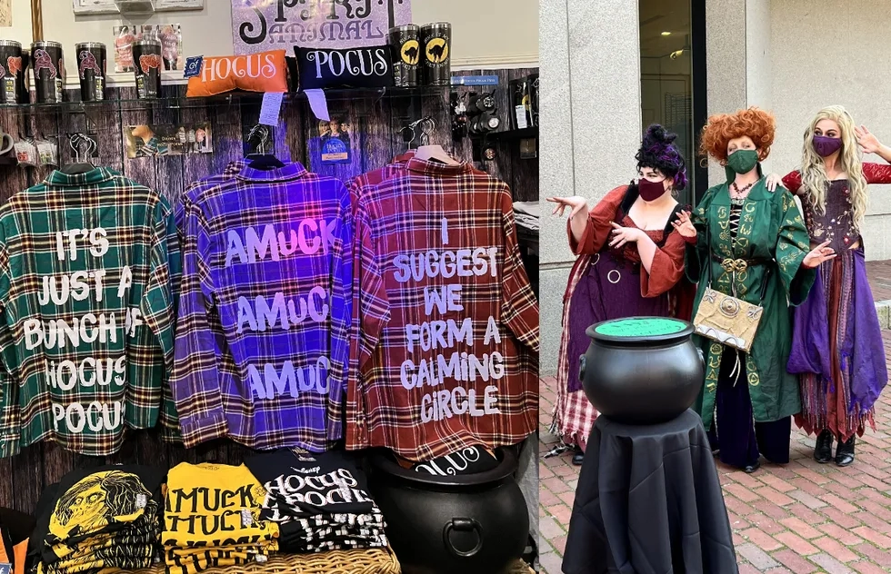 Hocus Pocus merchandise and street performers in Salem, Massachusetts