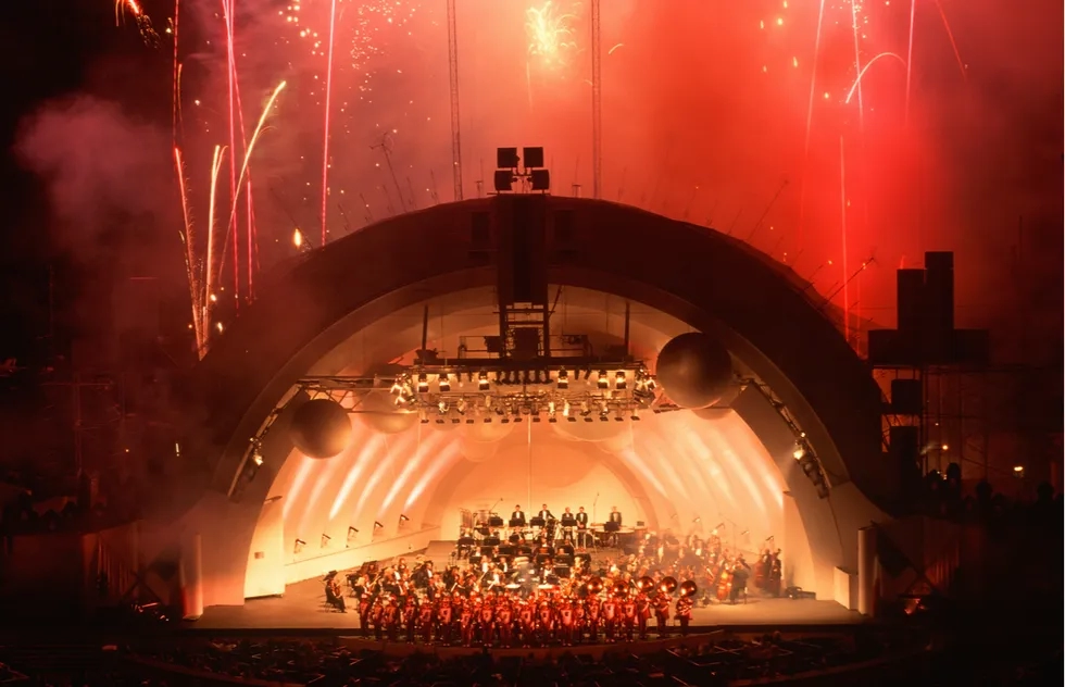 Fireworks over the Hollywood Bowl amphiteater in Los Angeles