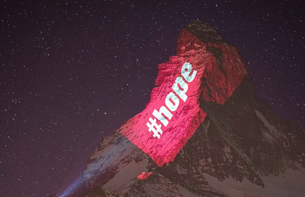 Switzerland's Matterhorn illuminated with a message of hope during the COVID-19 pandemic