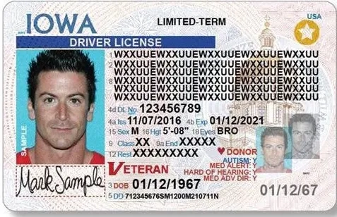 Example Iowa driver's license with Real ID star