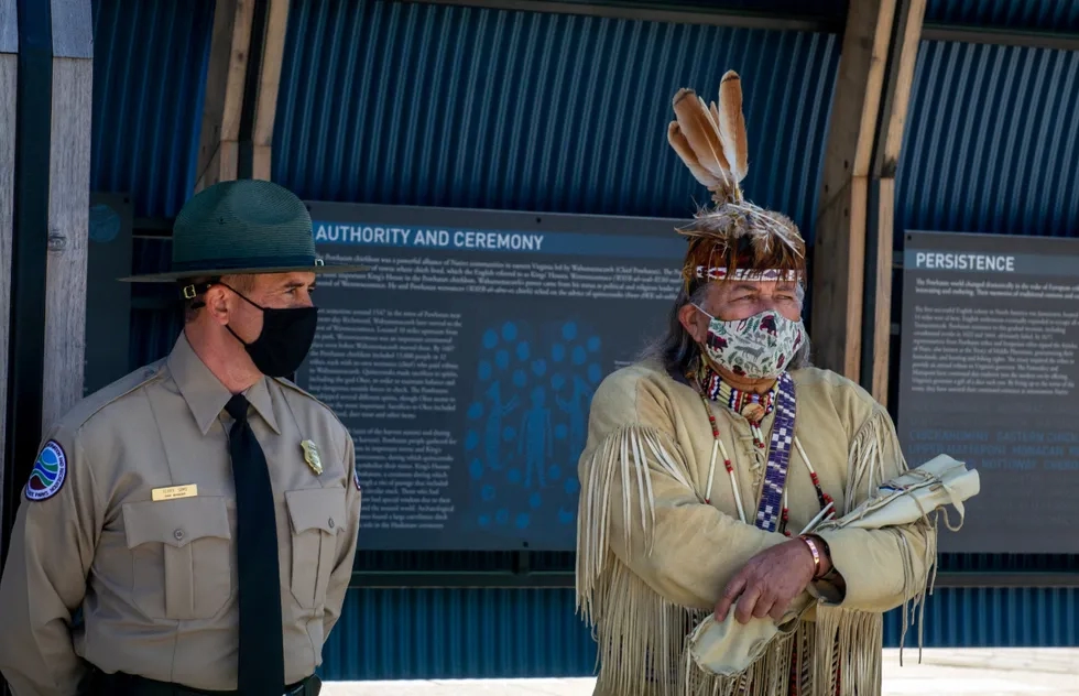Park Manager Terry Sims (L) and Chief Walter D. “Red Hawk” Brown III of The Cheroenhaka Nottoway Indian Tribe (R) at the 2021 dedication of Machicomoco State Park in Virginia