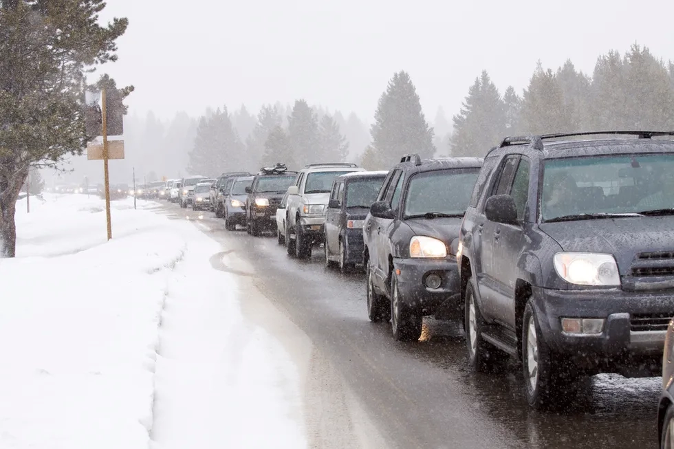 Cars stopped along a snowy highway