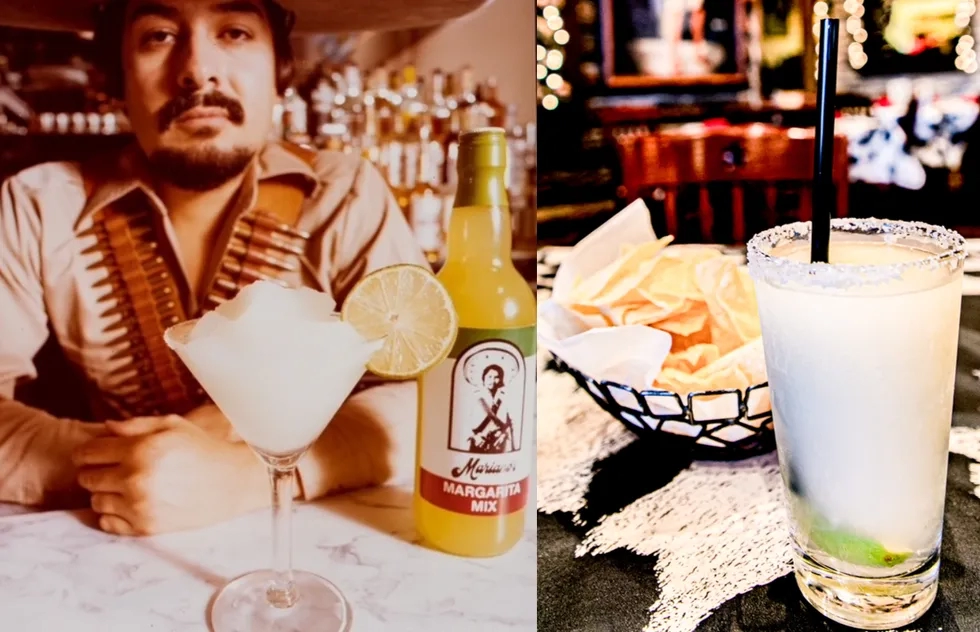 Then-and-now photos of Mariano Martinez with his frozen margarita at Mariano's restaurant in 1979 and the frozen margarita today
