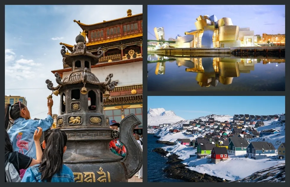 Gandantegchinlen Monastery in Ulaanbaatar, Mongolia; Guggenheim Museum Bilbao in Spain; and Nuuk, Greenland