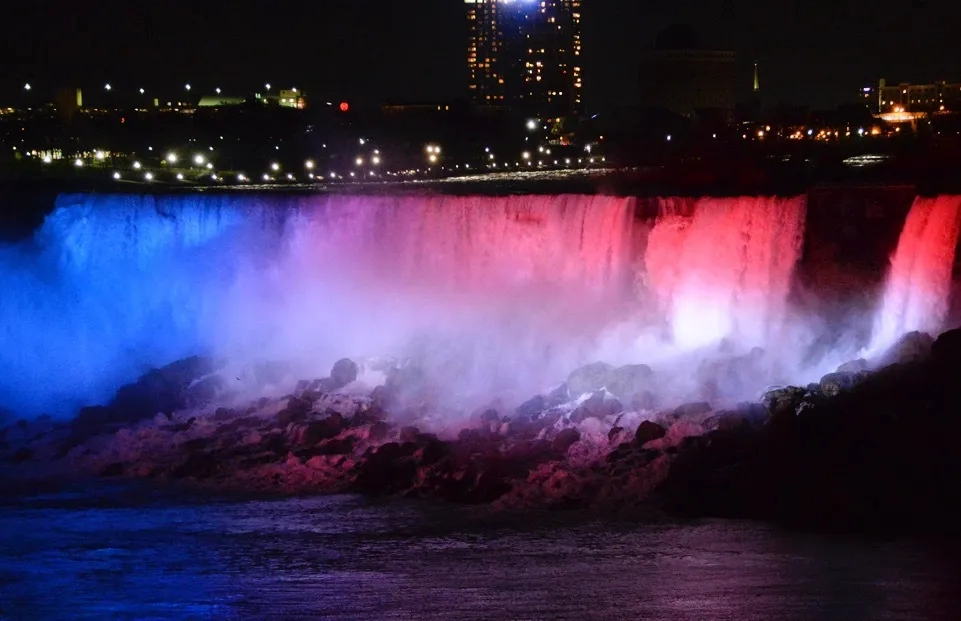 Niagara Falls illuminated at night