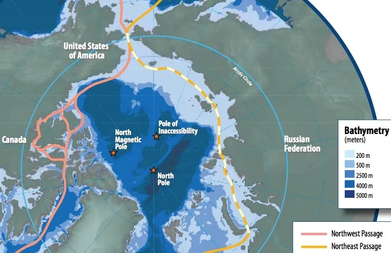 Map of the Northwest Passage and Northeast Passage in the Arctic