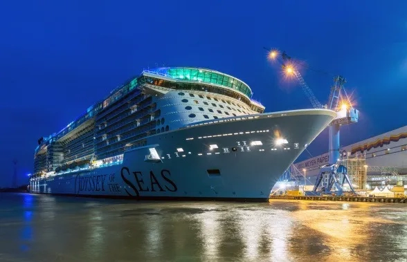 Odyssey of the Seas, Royal Caribbean, prow at shipyard as building is completed, January 2021