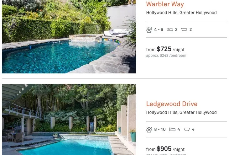 Screenshot of two Los Angeles listings at Onefinestay, a luxury home-sharing service