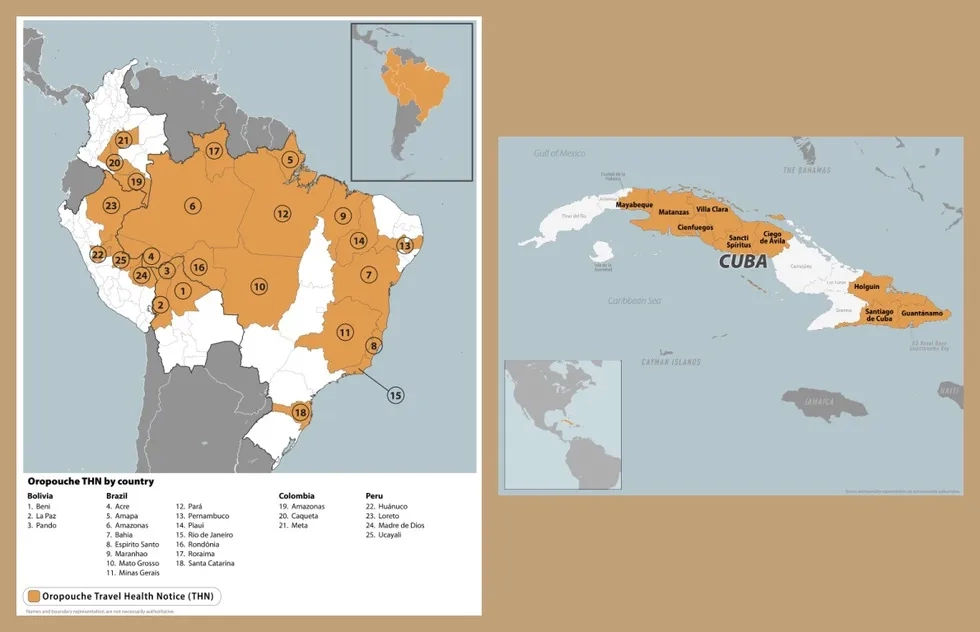 Maps showing where oropouche virus cases have been detected in South America and Cuba