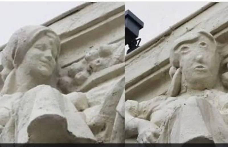 Before-and-after images of a restored sculpture on a bank in Palencia, Spain
