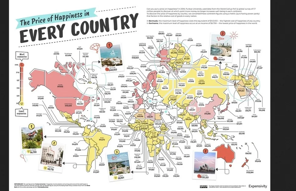 Price of happiness in every country in the world map