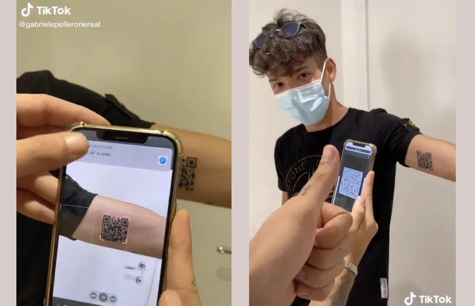 Italian Andrea Colonnetta shows off the QR code tattoo he got to prove his vaccination status.