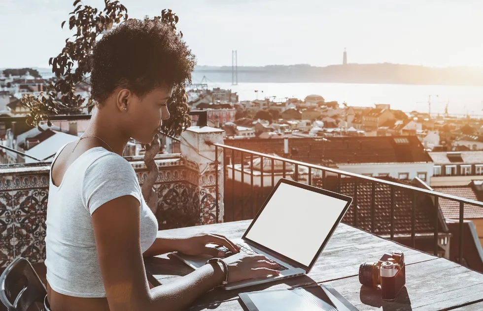 Working on a laptop in Lisbon, Portugal