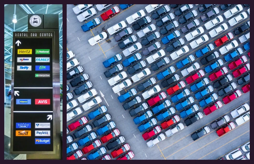 Logos for car rental companies and an aerial view of a parking lot