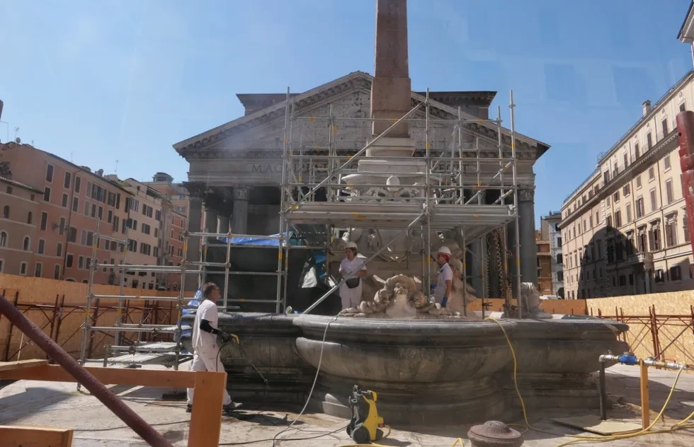 July 2024 photo showing construction work on the fountain in front of the Pantheon in Rome