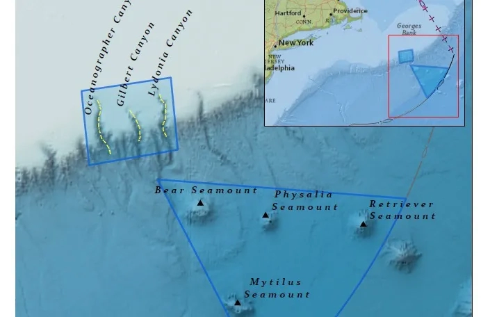 Map of Northeast Canyons and Seamounts Marine National Monument off the coast of New England