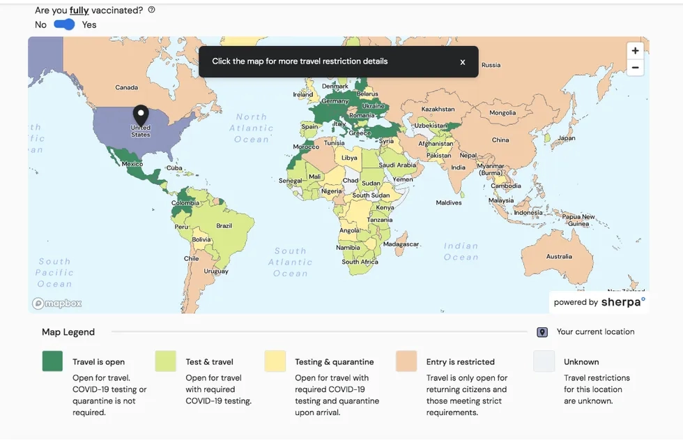 Sherpa's interactive map of travel restrictions