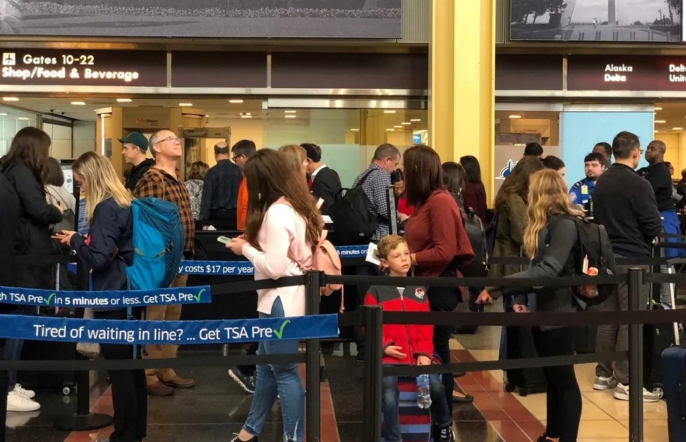 packed security line at United States airport