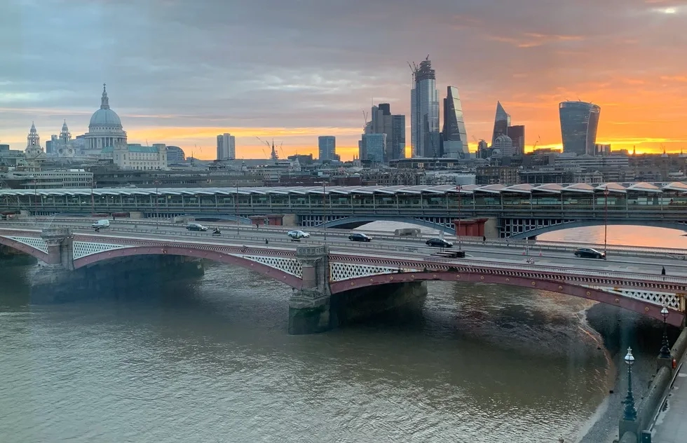 sunrise over Thames and City skyline, London, 2019