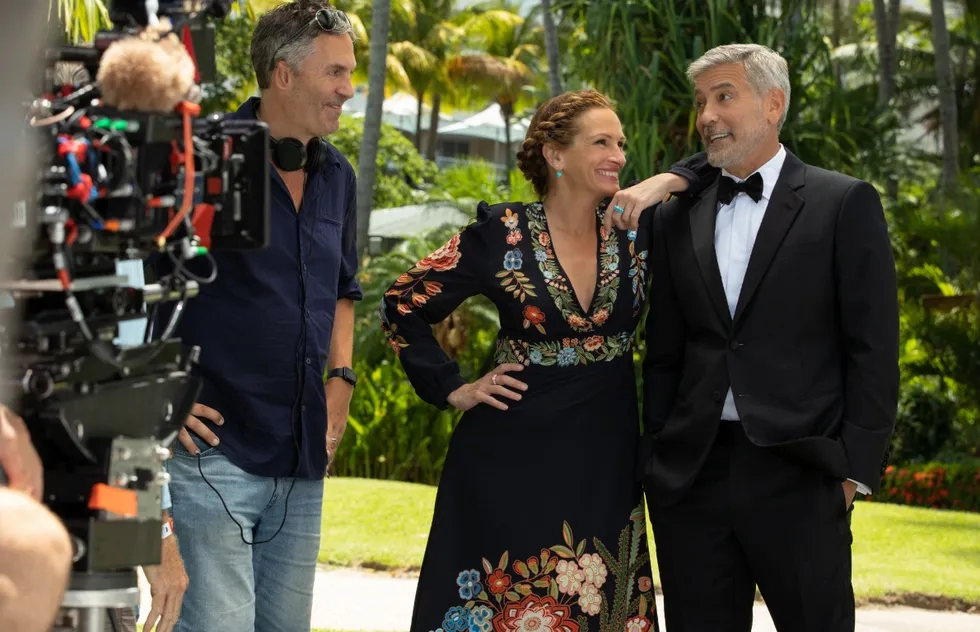 Director Ol Parker, Julia Roberts, and George Clooney on the set of "Ticket to Paradise"