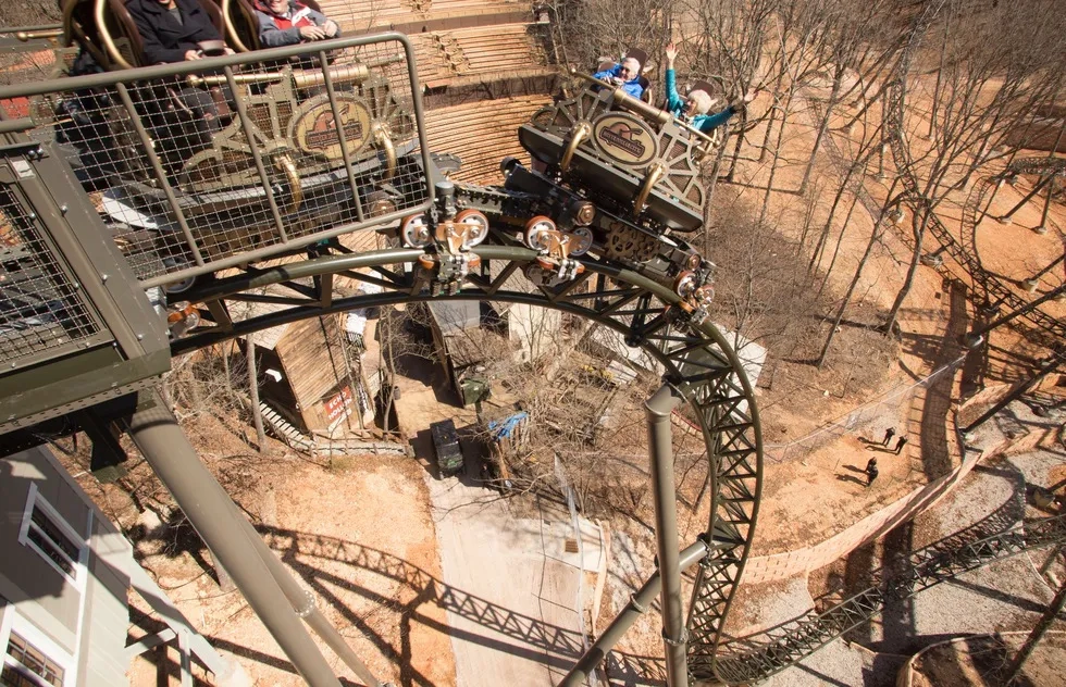 steepest drop on Time Traveler coaster, Silver Dollar City