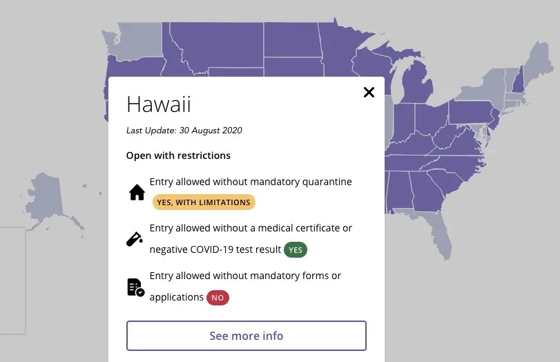 United Airlines Map of Covid-19 regulations in the United States