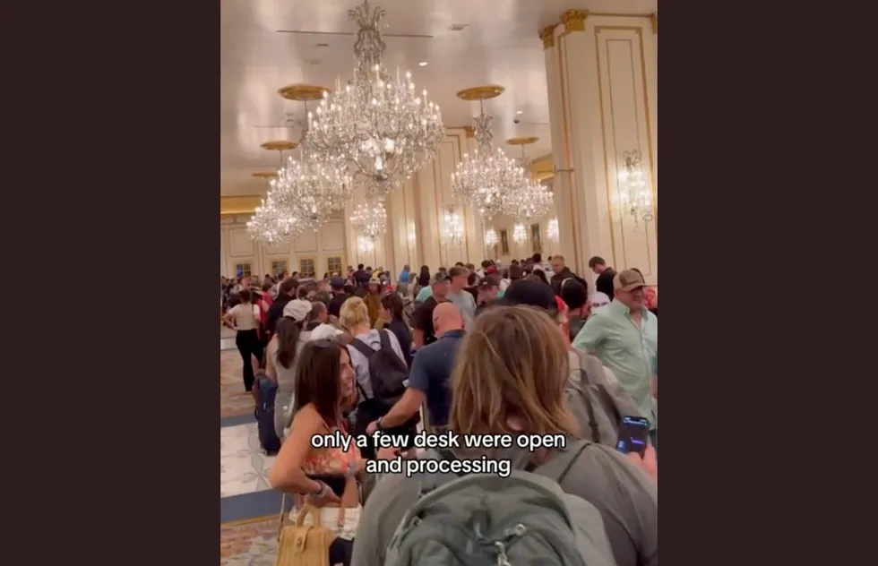 Screenshot from TikTok video showing long check-in line at Paris Las Vegas in August 2024