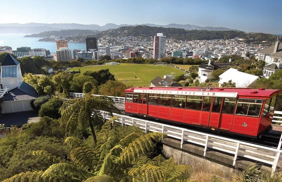 A cable car climbs Kelburn Hill from Lambton Quay to the Botanic Gardens in Wellington, New Zealand.