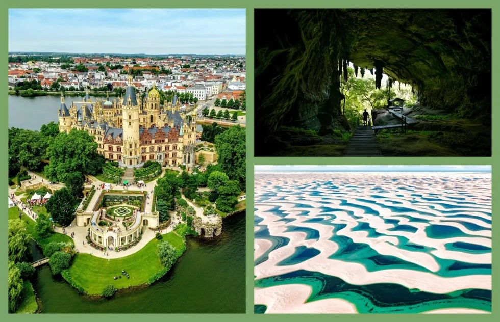 Schwerin Castle in Germany, Niah National Park in Malaysia, and Lençóis Maranhenses National Park in Brazil