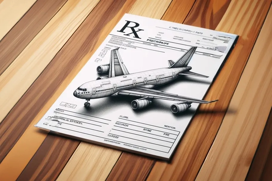 prescription pad with an airliner on it (illustration)