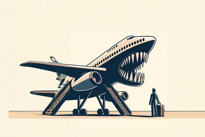 airplane as a giant monster with sharp teeth, crouching over a tiny person with a suitcase (AI generated)