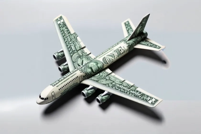 airline plane made out of a dollar bill (illustration)