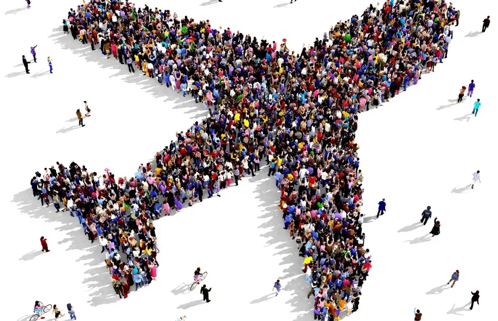 airplane outline made of large crowd of people (Illustration)