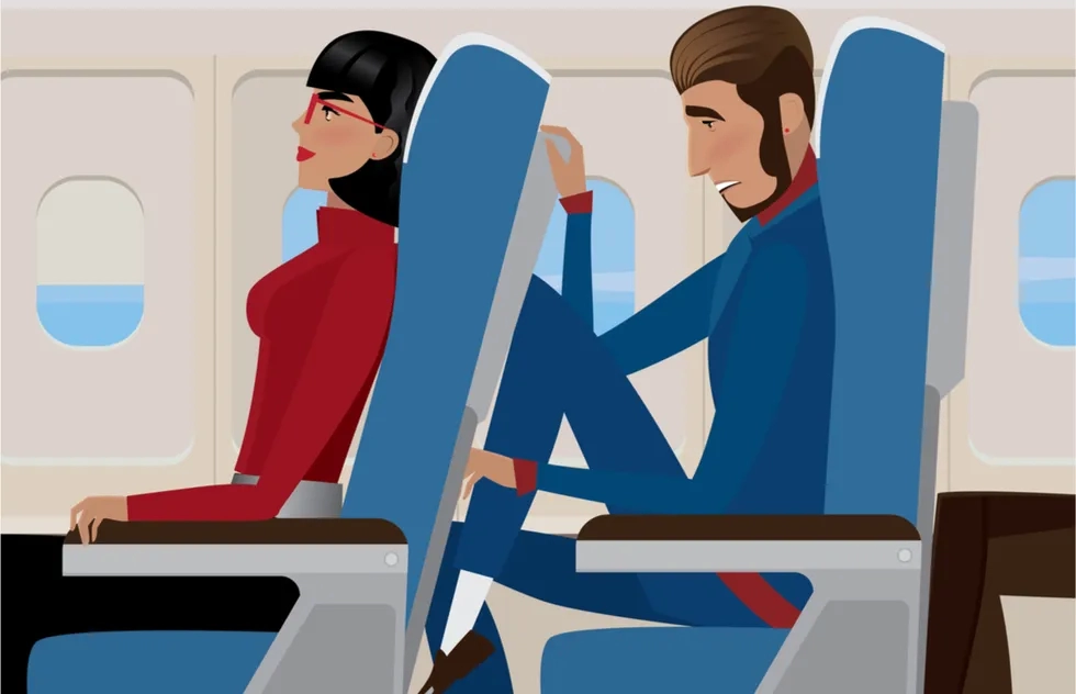 illustration of man being squashed by close airline seat