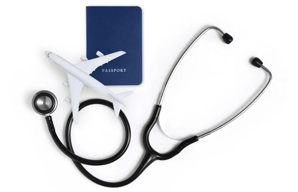 illustration: airplane, stethescope, passport