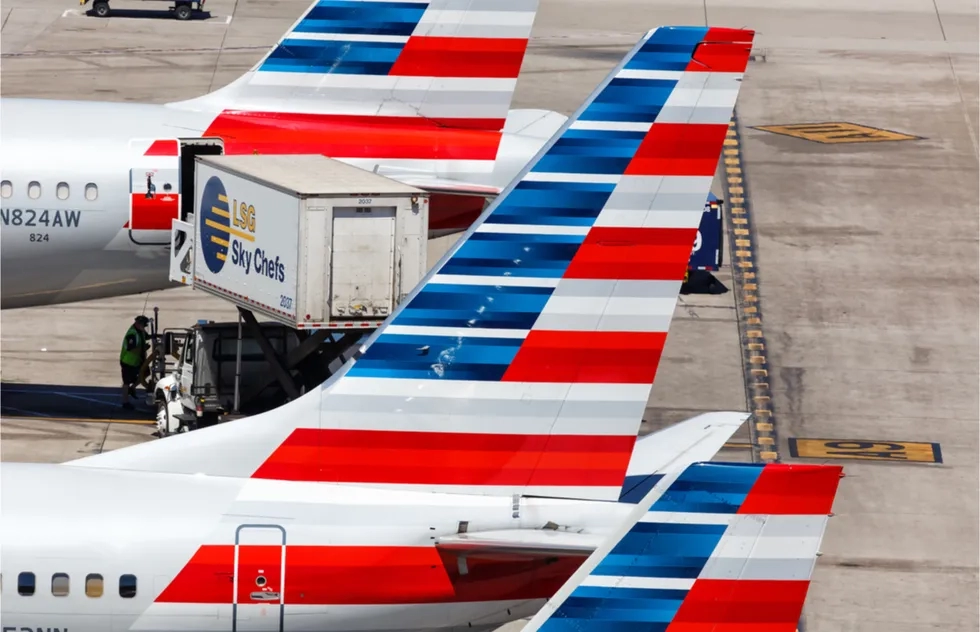 American Airlines jet tails crowd together at Phoenix airport