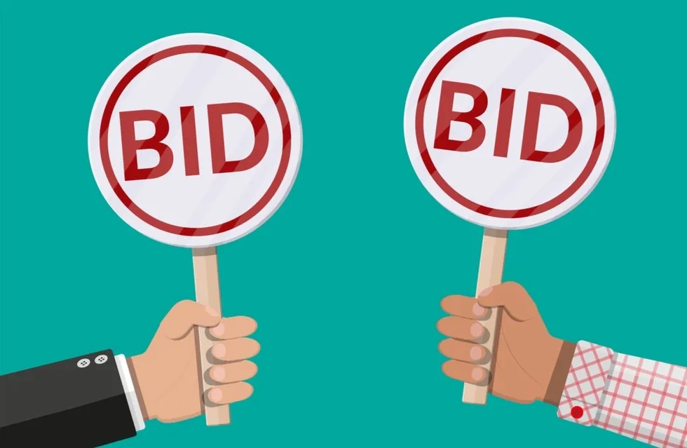 two cartoon hands holding bid paddles