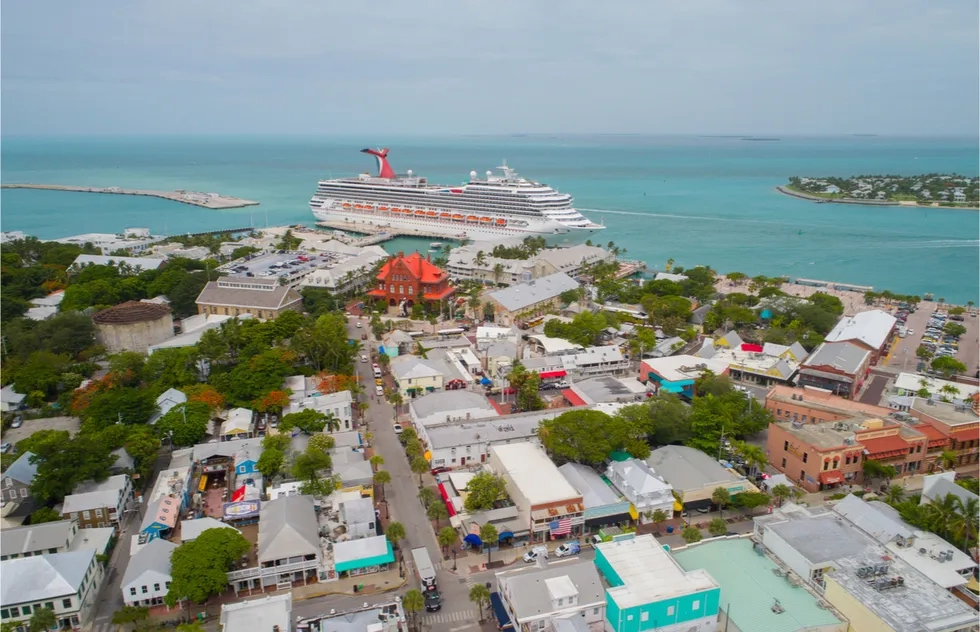Carnival Cruise ship calling at Key West (aerial)