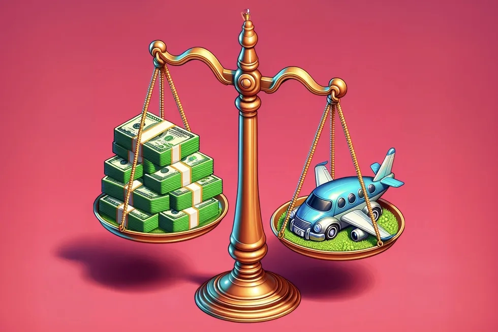 Scales of justice with cash on one side and an airplane on the other (illustration)