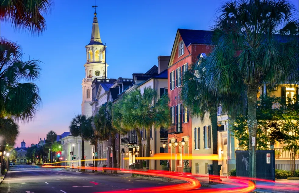 long-exposure evening street scene, Charleston