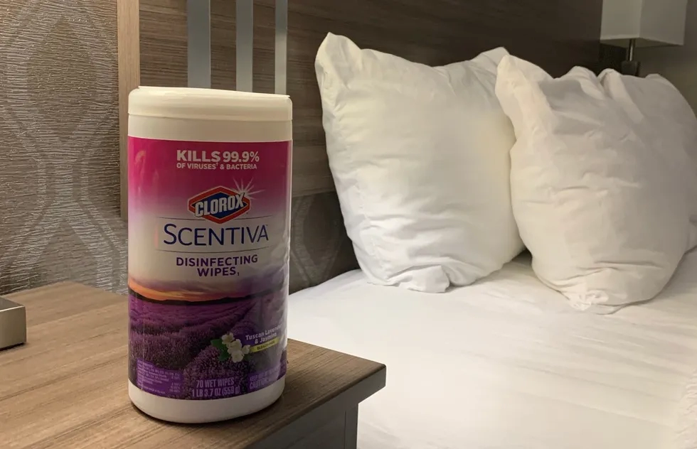 clorox wipes beside hotel bed