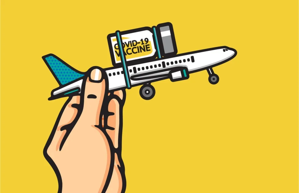 illustration: covid-19 vaccine strapped to plane being held by giant human hand