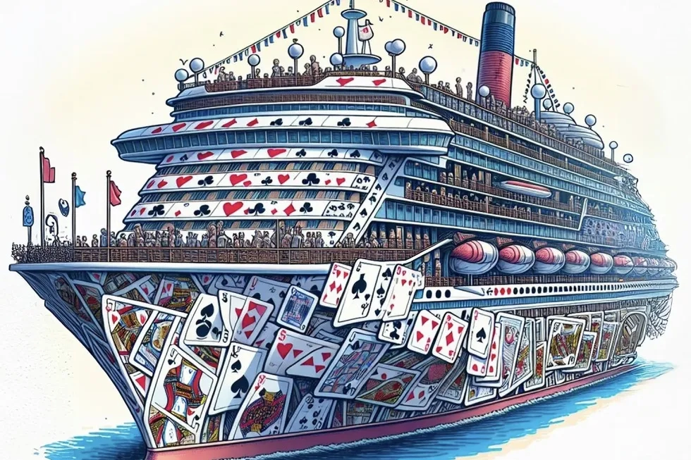 cruise ship made of playing cards (illustration)