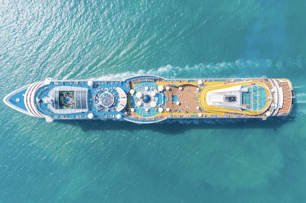 aerial of cruise ship under way