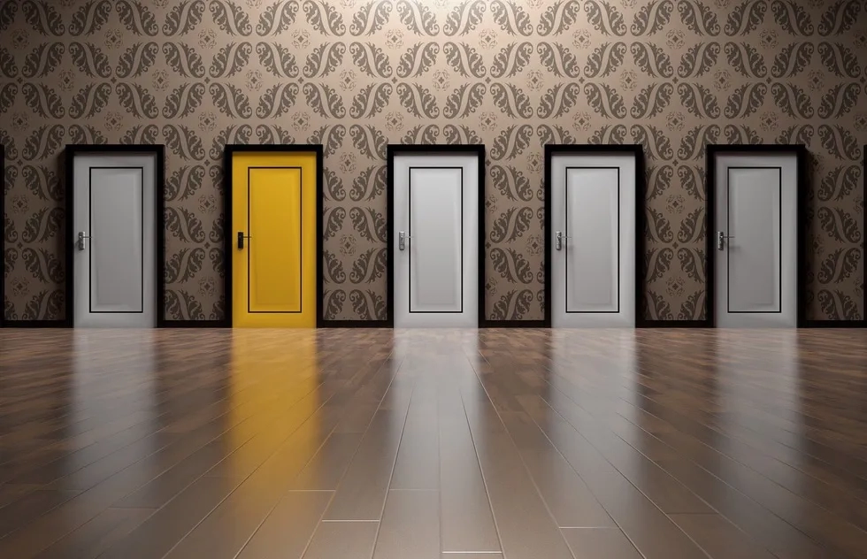 five doors, one is yellow