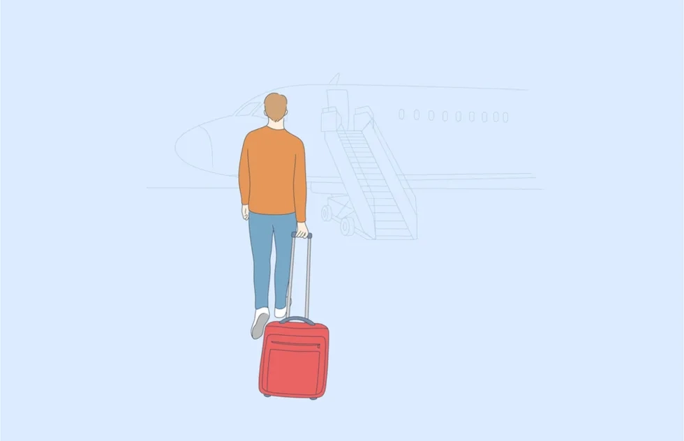 illustration: solo man wandering in void toward faint outline of airplane