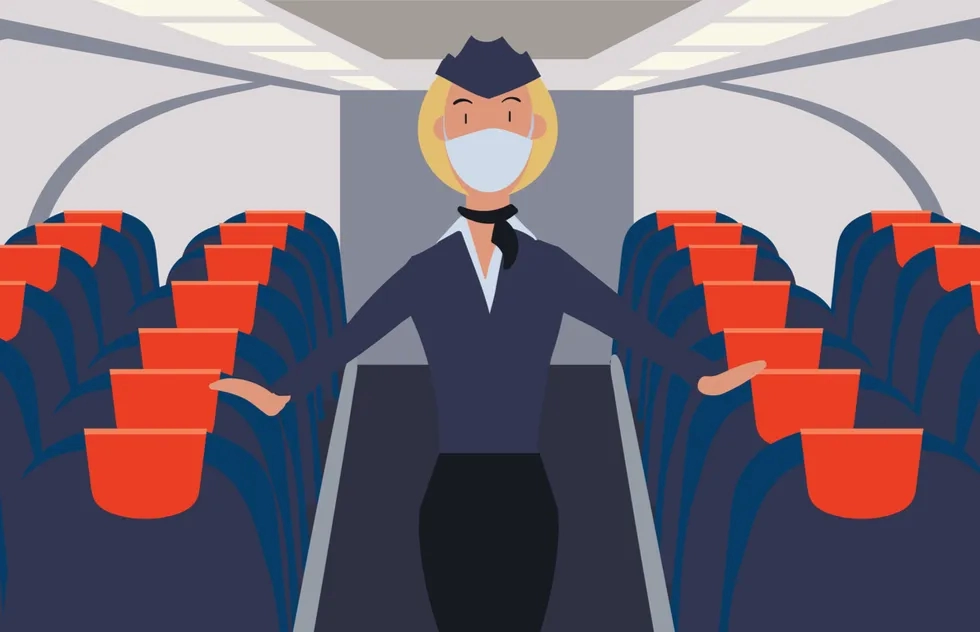 masked female flight attendant blocks aisle of empty jet (illustration)