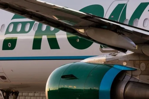 Frontier Airlines close-up of engine and wing portion