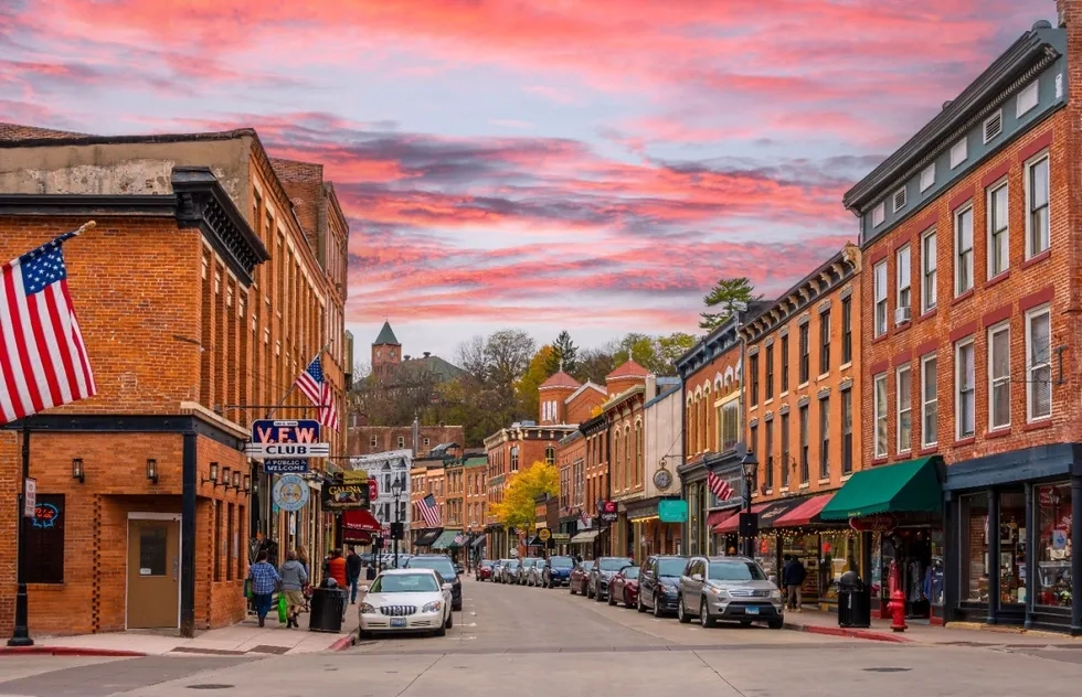 downtown Galena, Illinois at sunset