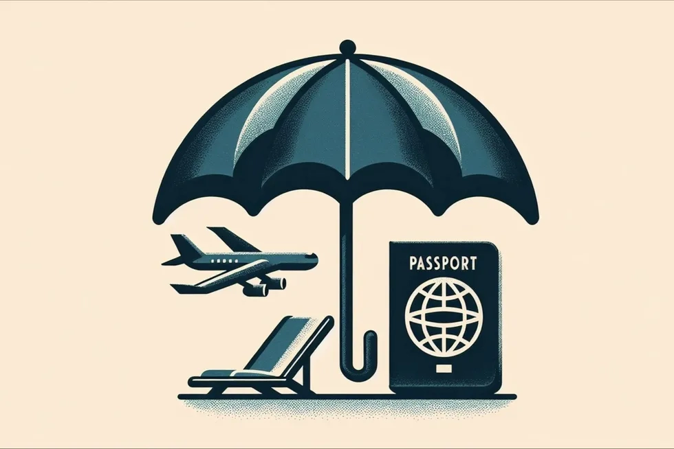 Green umbrella over a plane, passport, beach chair